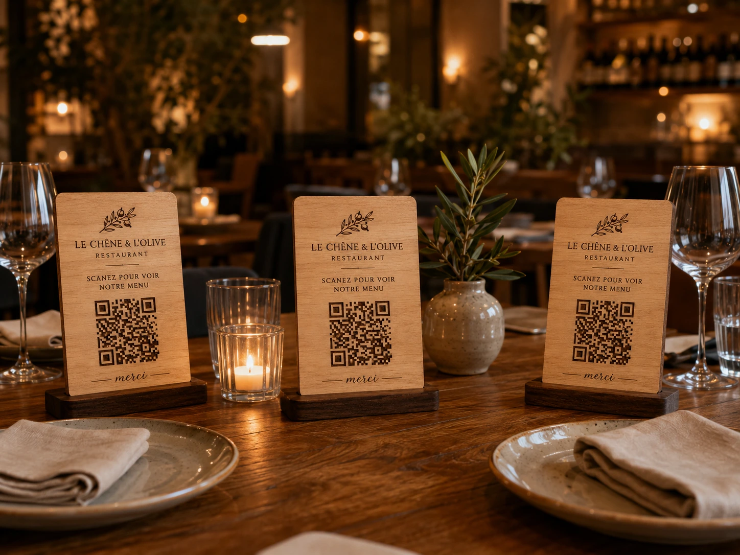Plaques bois gravées QR Code pour restaurant